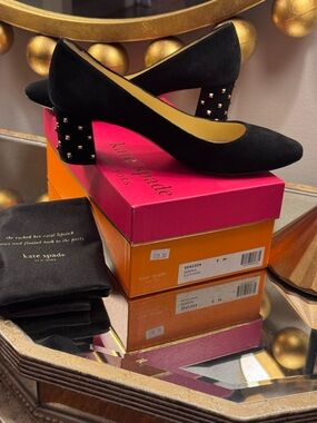 Kate Spade Black Suede Gold Studded Heels Pumps - Size 9